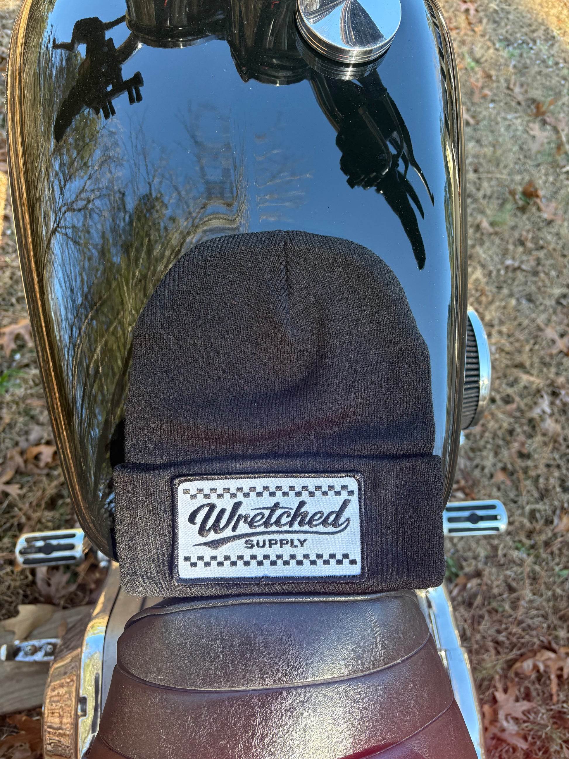 Checkerboard patch beanie