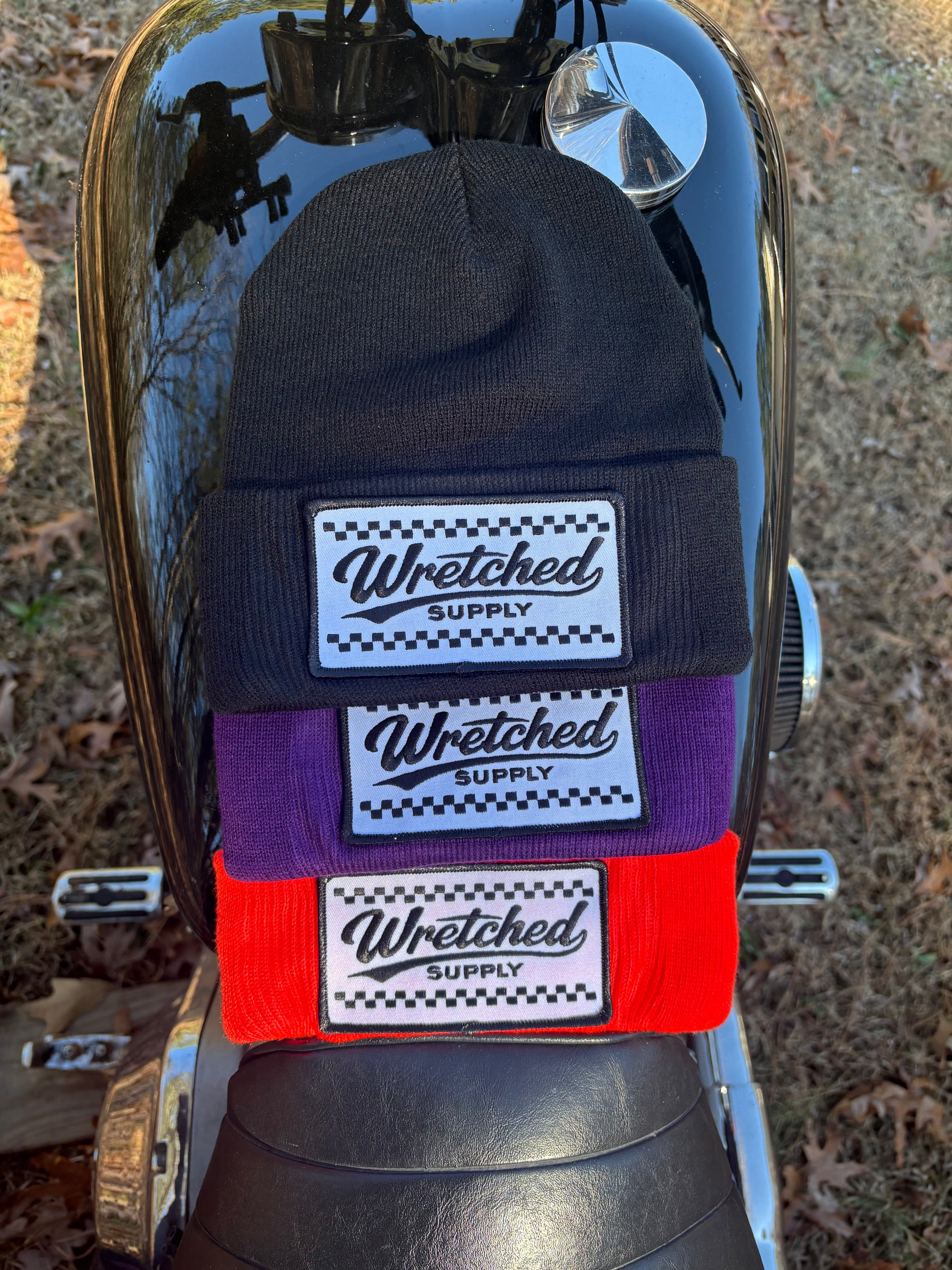 Checkerboard patch beanie