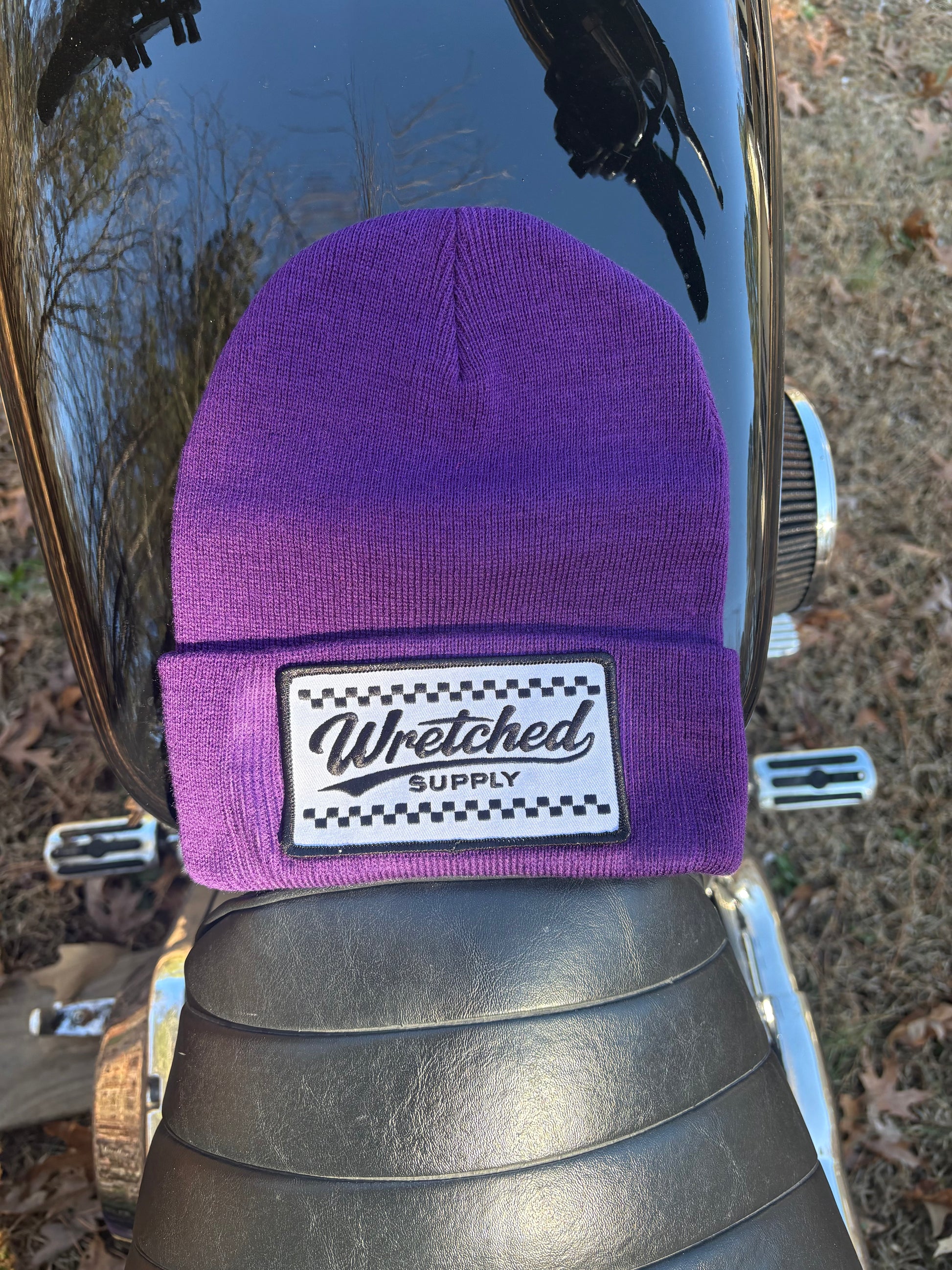 Checkerboard patch beanie