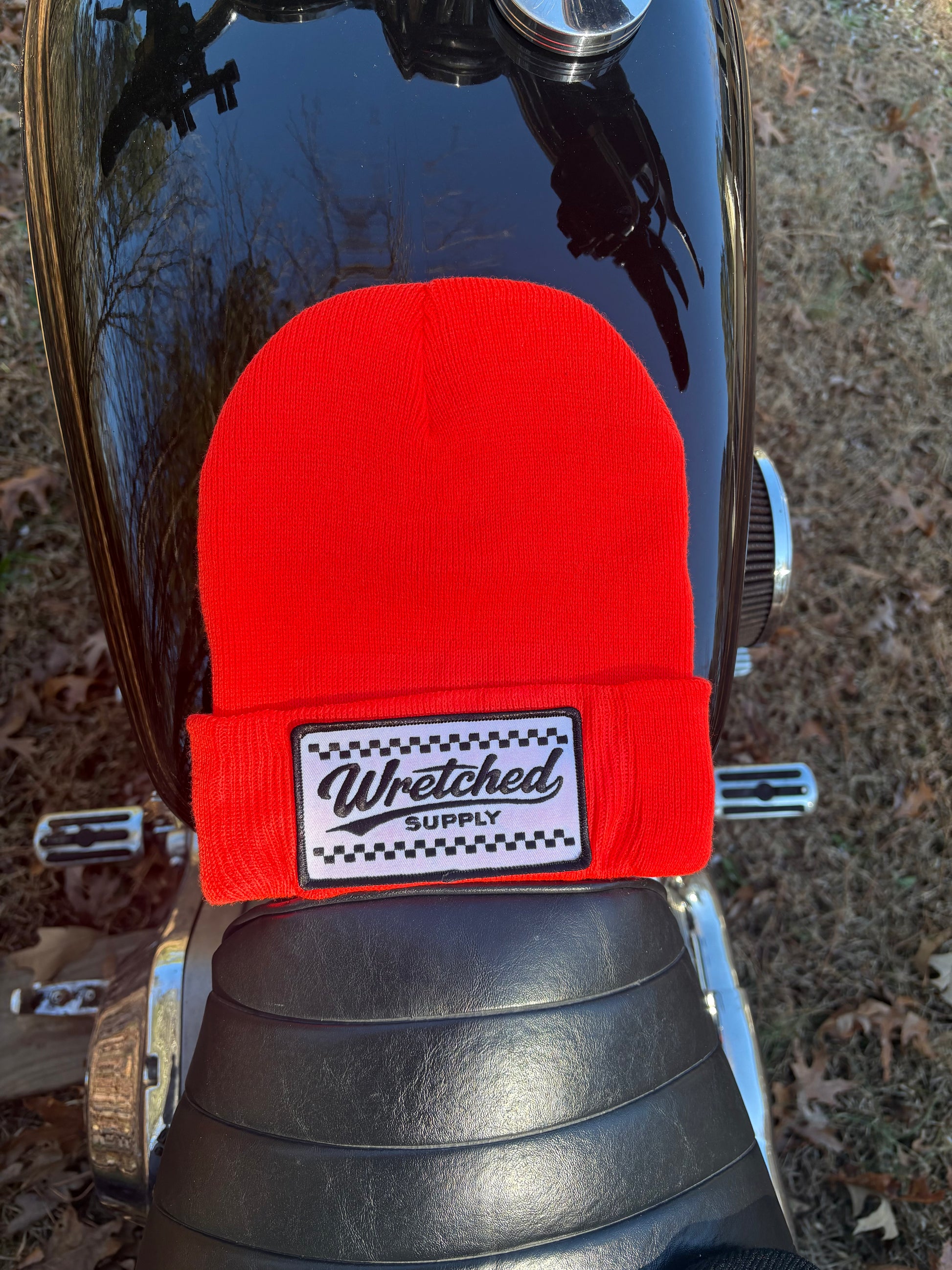 Checkerboard patch beanie